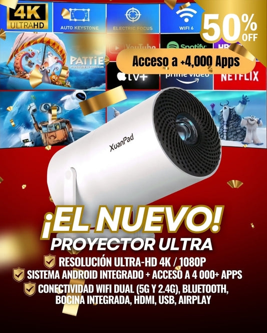 🎬 ¡Super!® - Proyector Profesional HD 4K Con Sistema Android +4,000 apps WiFi Bluetooth ✨📺